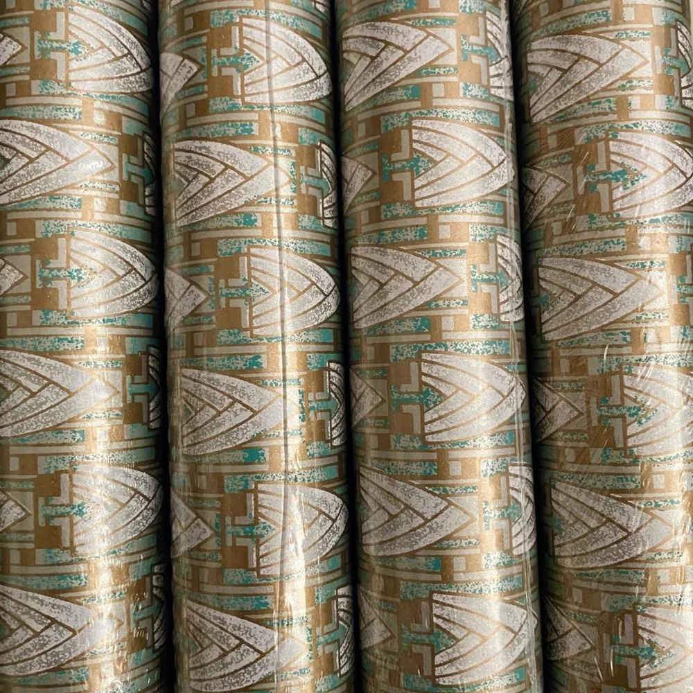 NOS NEW 2 Rolls Wallpaper Art Deco Aqua & Gold DOUBLE ROLLS